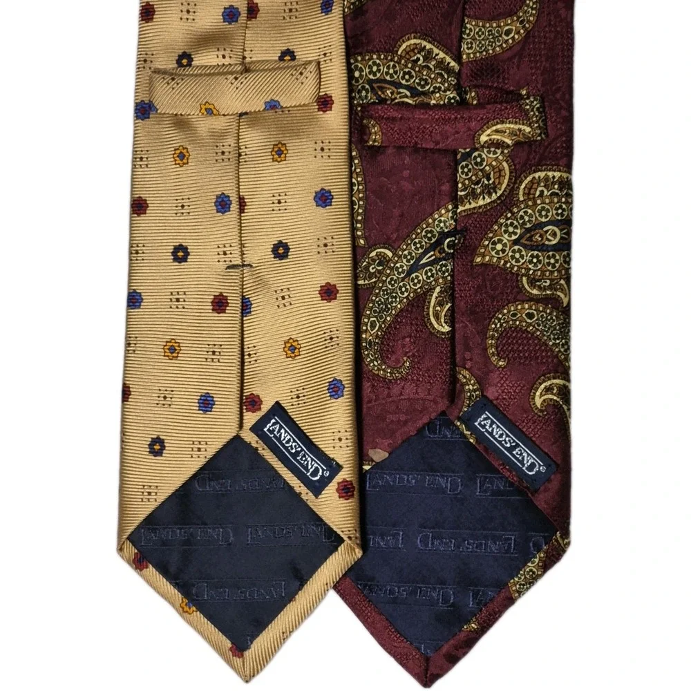 Lands' End Silk Ties Lot Of 2 Burgundy Paisley Yellow Blue Floral Workwear 60